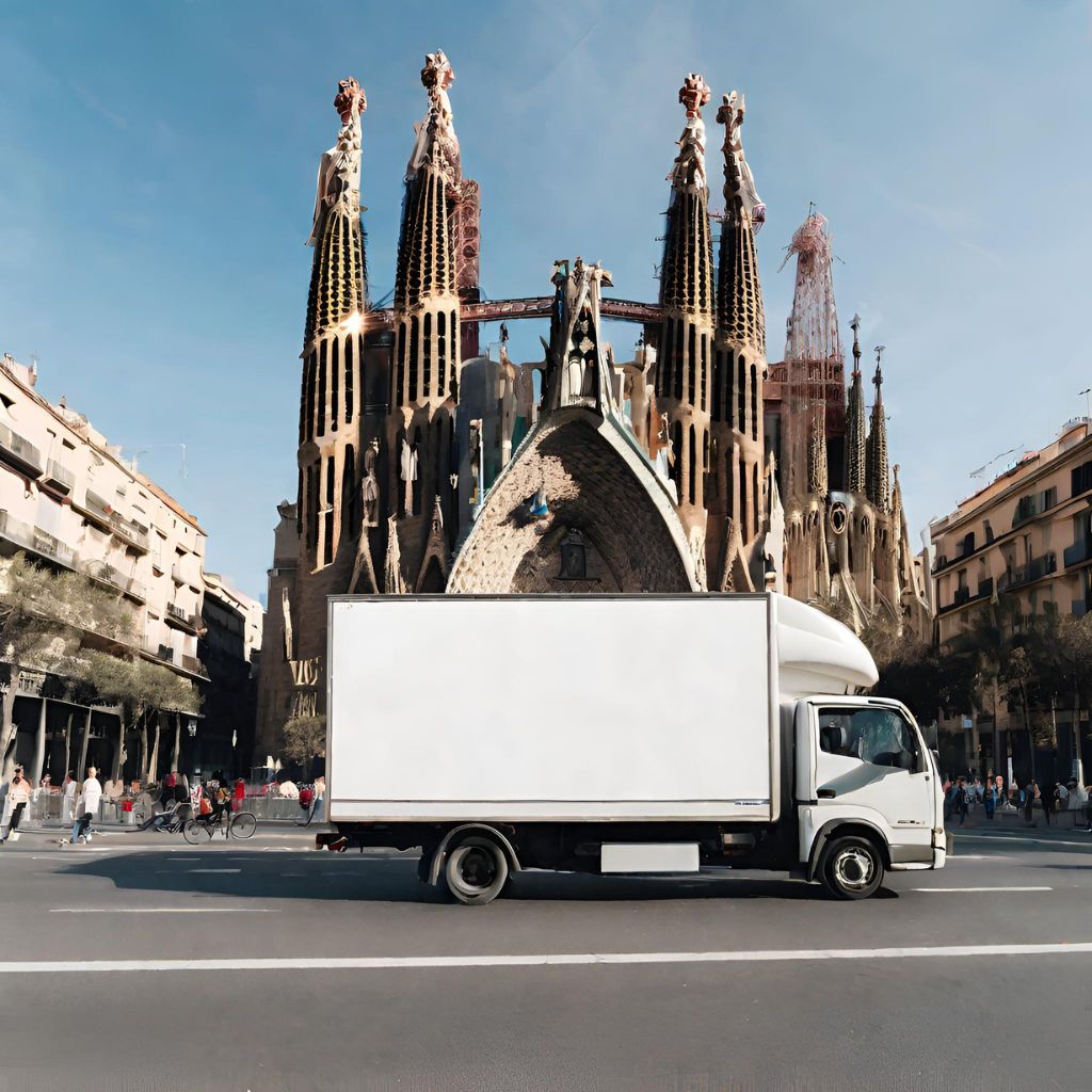 Camión de mudanzas y de fondo la sagrada familia de Barcelona